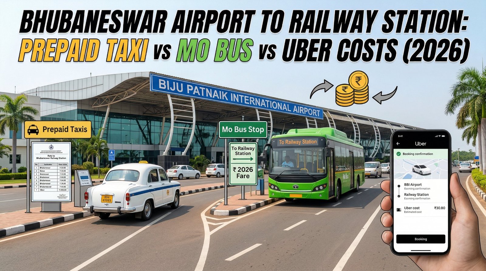 Bhubaneswar Airport to Railway Station transport guide prepaid taxi Mo Bus Uber 2026